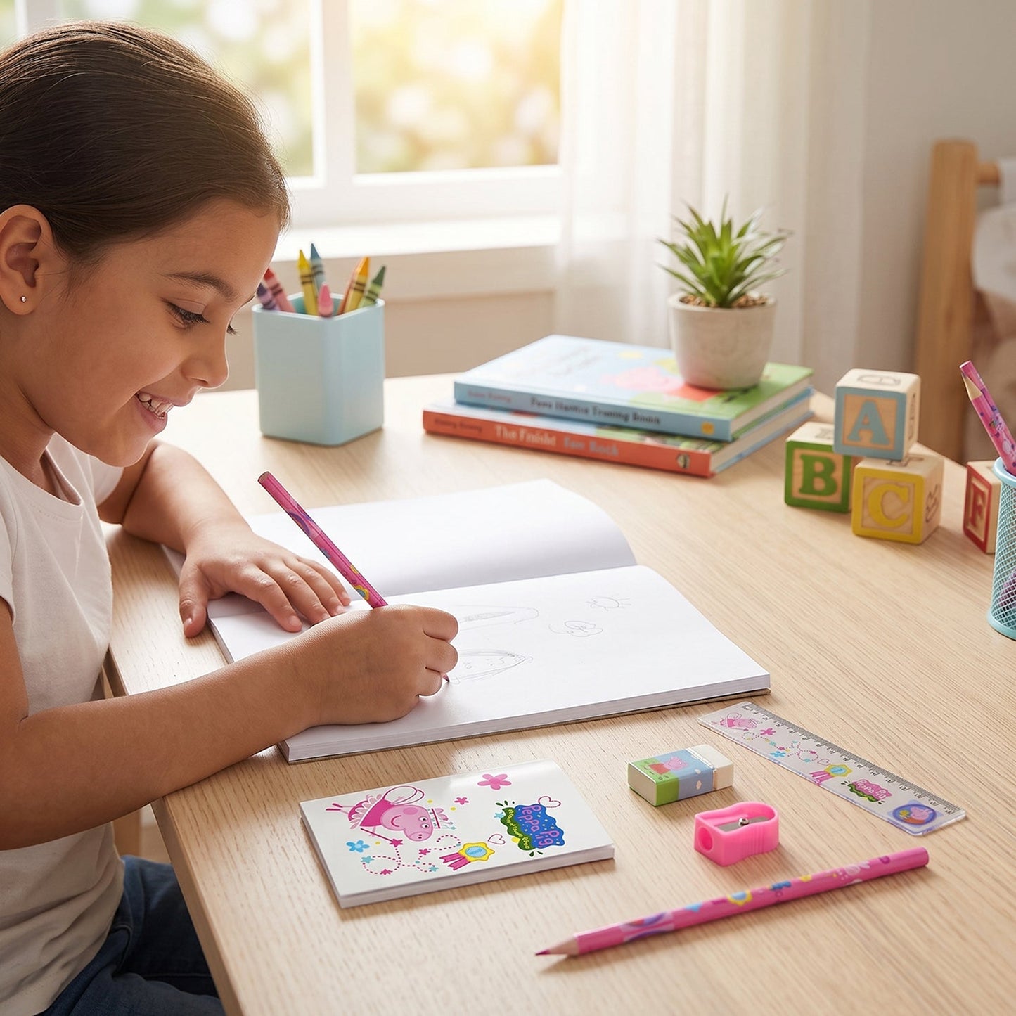 Kids school stationery kit by Wukusy, includes pencils, eraser, sharpener, ruler, and pouch, all organized in a compact set.