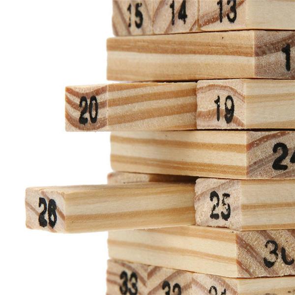 Wukusy 1911 54-piece wooden tumbling stacking toy blocks with 4 dice, colorful building toys for kids.