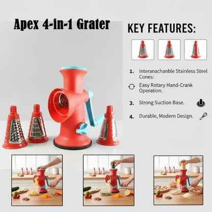 Ekom Apex 4-in-1 Signature Rotary Grater for kitchen prep, showcasing multiple grating surfaces and ergonomic design.