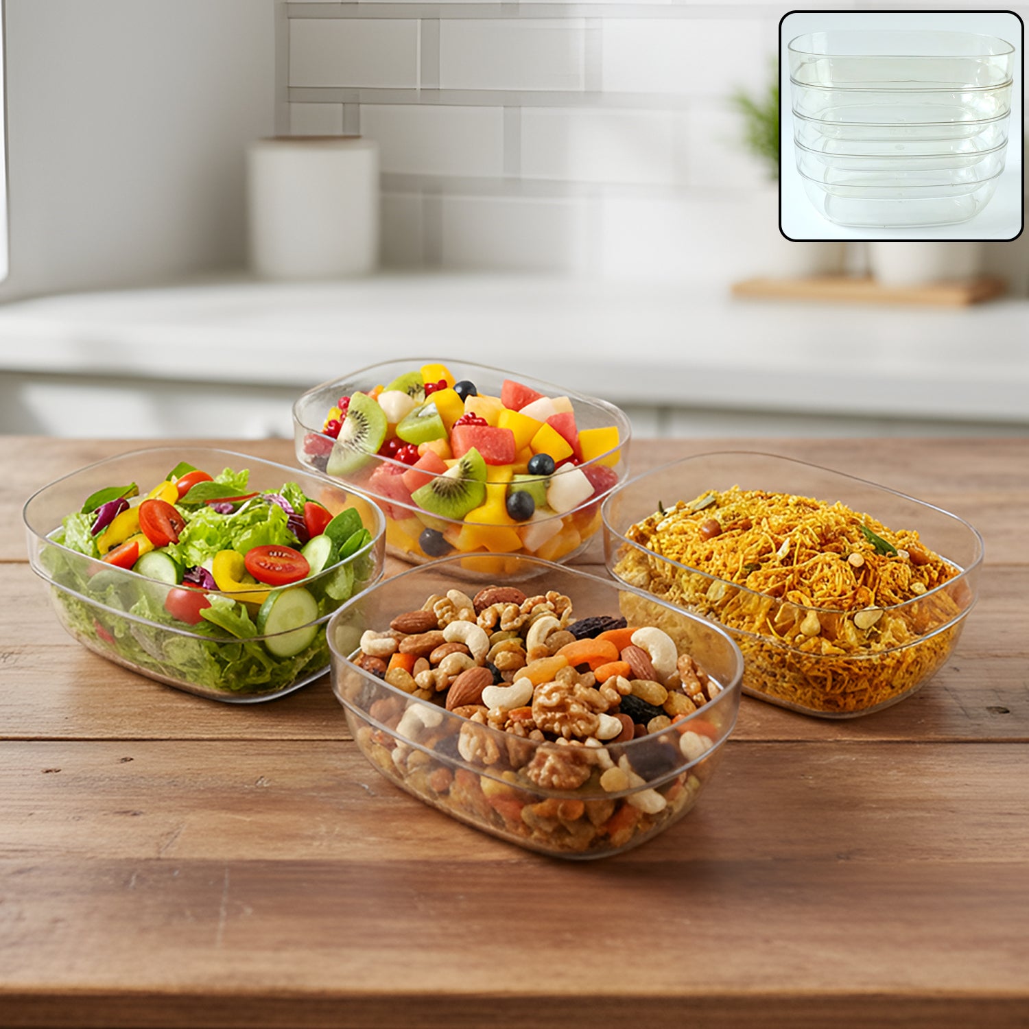 Set of four transparent Wukusy multipurpose serving bowls with smooth, clear glass design for versatile kitchen use.