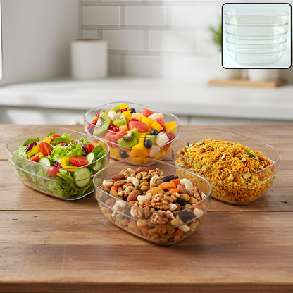 Set of four transparent Wukusy multipurpose serving bowls with smooth, clear glass design for versatile kitchen use.