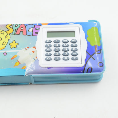 Wukusy double-sided magnetic geometry and pencil box with calculator, plastic office storage for boys and girls, featuring compartments and design