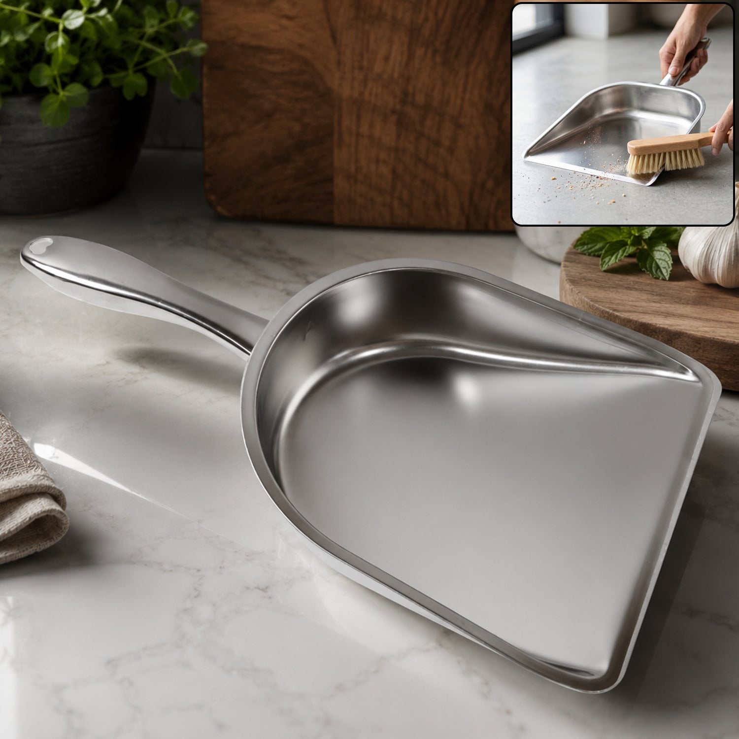 Stainless steel heavy duty dustpan with handle for efficient sweeping and cleaning. Durable Wukusy metal dustpan in the image.