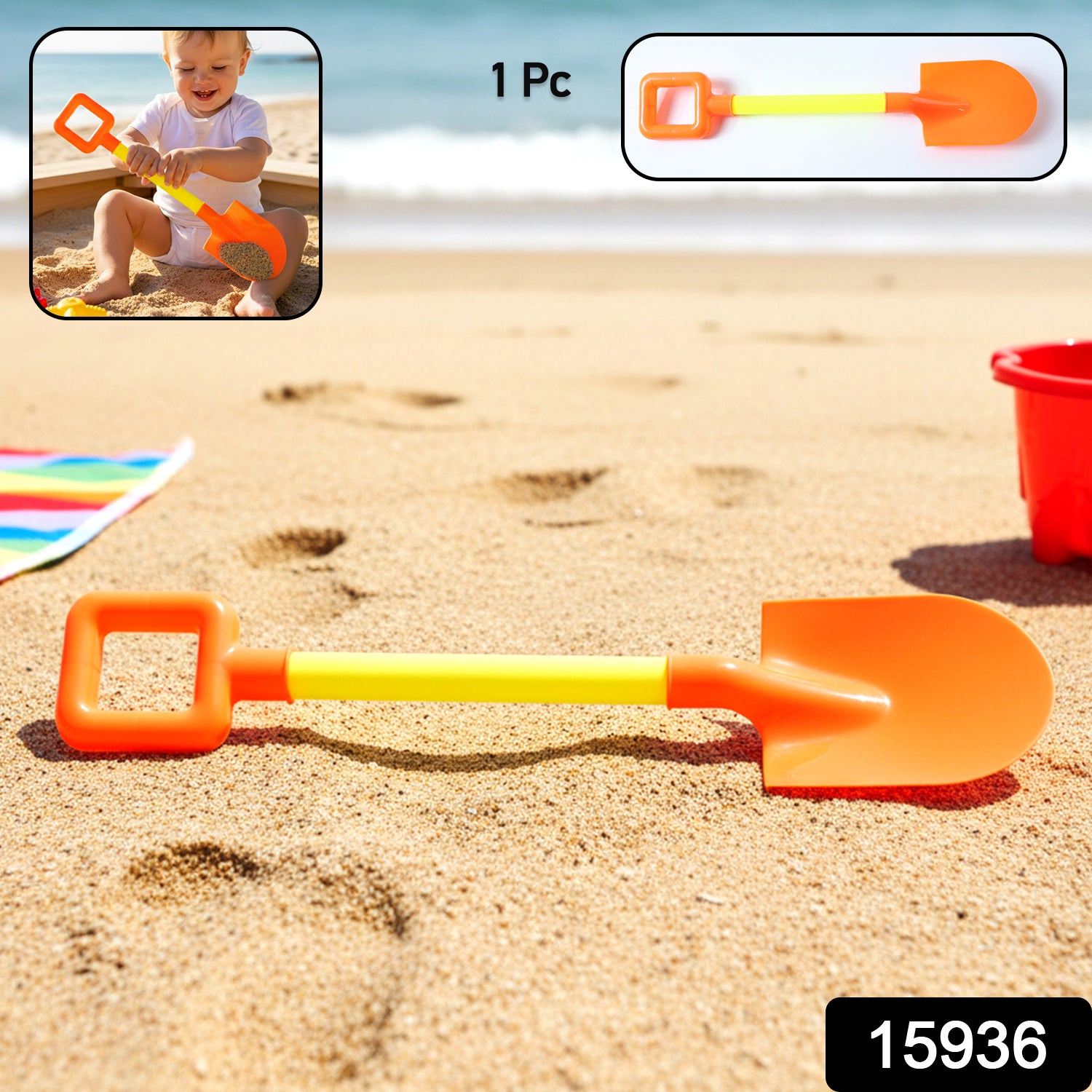 Kids beach sand shovel toy by Wukusy, showing a colorful plastic shovel ideal for kids' beach and sand play.
