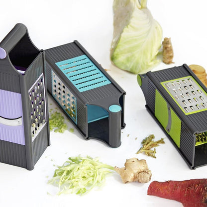 Wukusy 4-in-1 plastic vegetable and fruit grater and slicer with multiple blades for kitchen food prep.