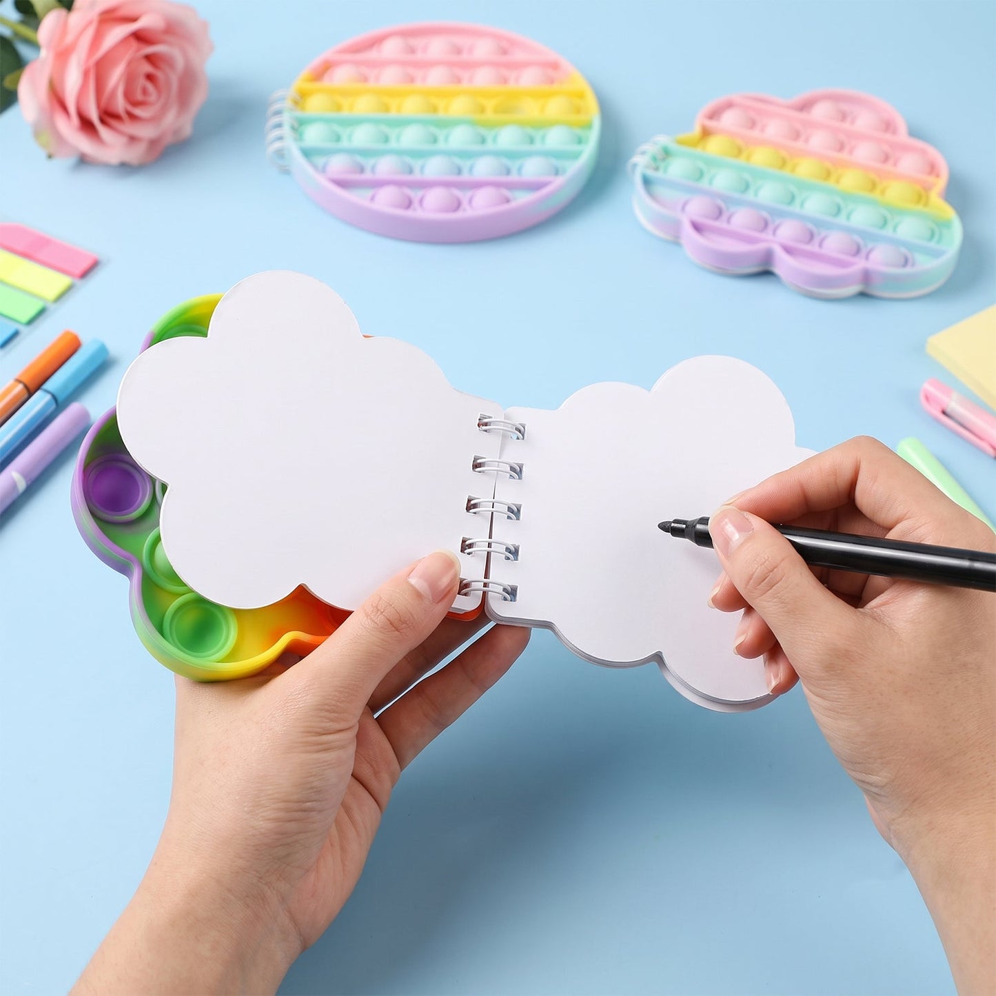 Wukusy Rainbow Push Bubble Pop It Diary fidget notebook for kids with silicone bubbles and colorful cover design.