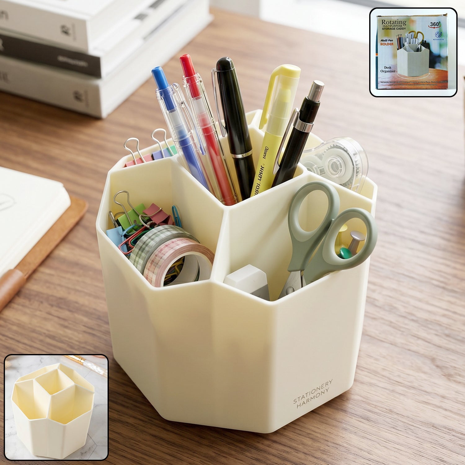 Wukusy 360-degree rotating desk organizer with multiple compartments for office supplies on a tidy workspace.