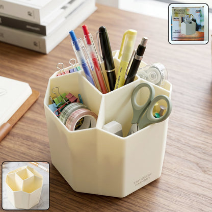 Wukusy 360-degree rotating desk organizer with multiple compartments for office supplies on a tidy workspace.