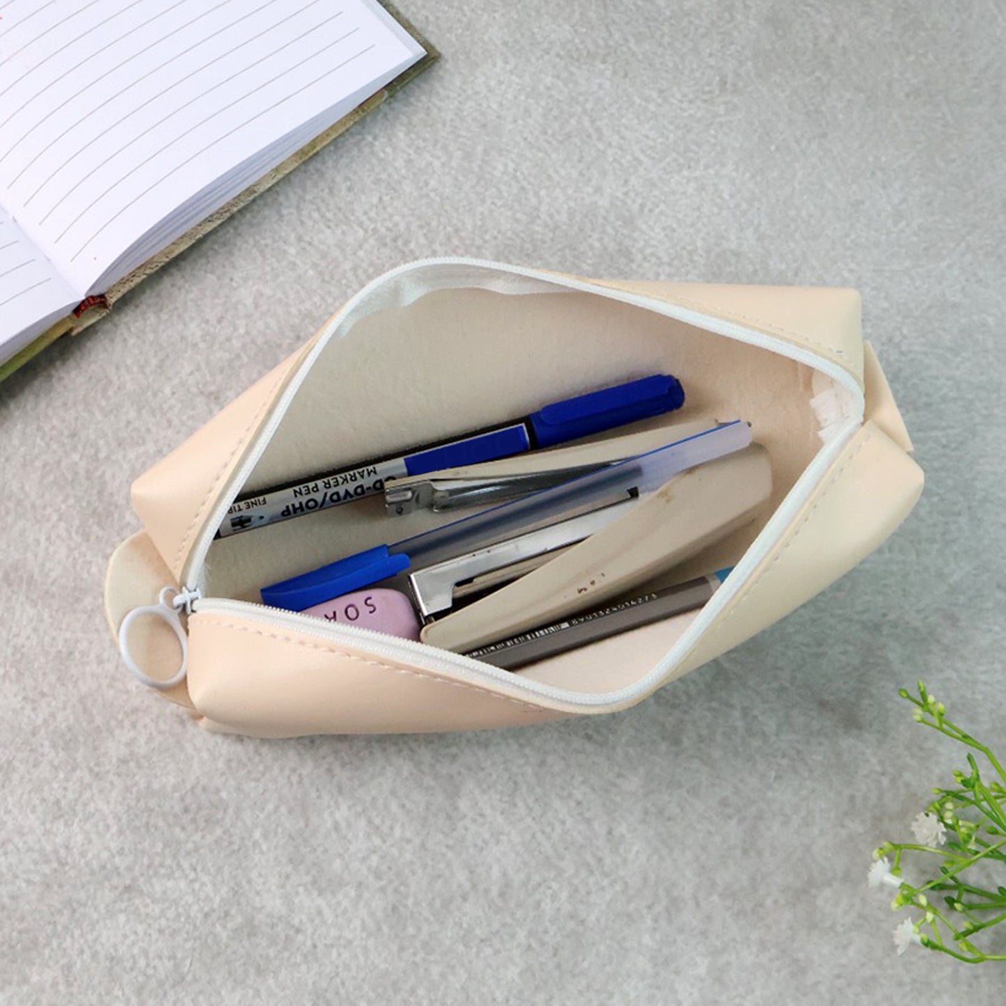 Wukusy slim PU leather pencil pouch for office use, compact and stylish, shown in black with zipper closure.