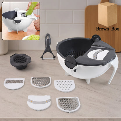 Wukusy 9-in-1 multifunctional vegetable chopper with various blades and containers for easy food prep in the kitchen.
