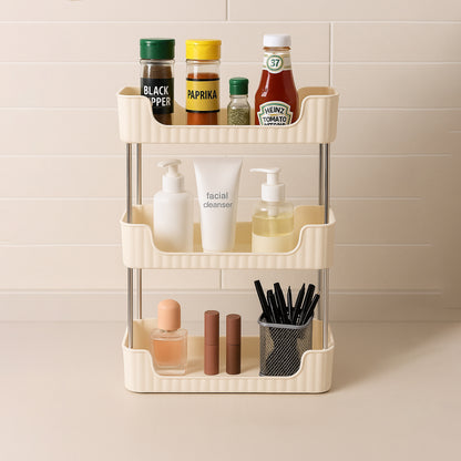 Wukusy 3-tier multipurpose storage organizer rack shelf for home and kitchen, with three spacious shelves for organization.