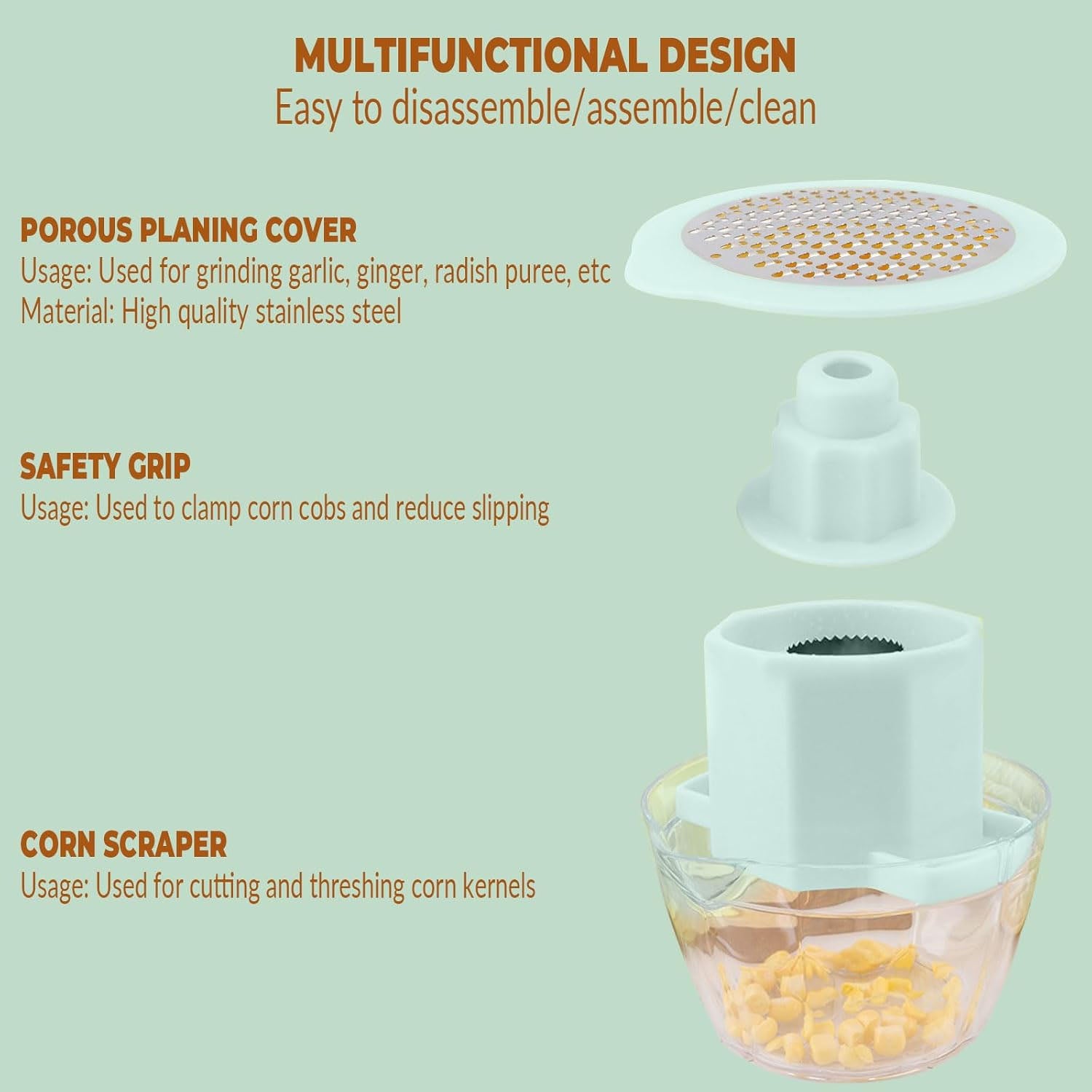 Wukusy manual vegetable grater and corn kernel stripper, stainless steel with a ergonomic handle, on a white background.