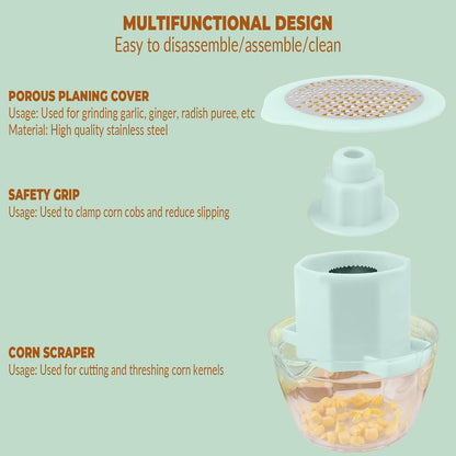 Wukusy manual vegetable grater and corn kernel stripper, stainless steel with a ergonomic handle, on a white background.