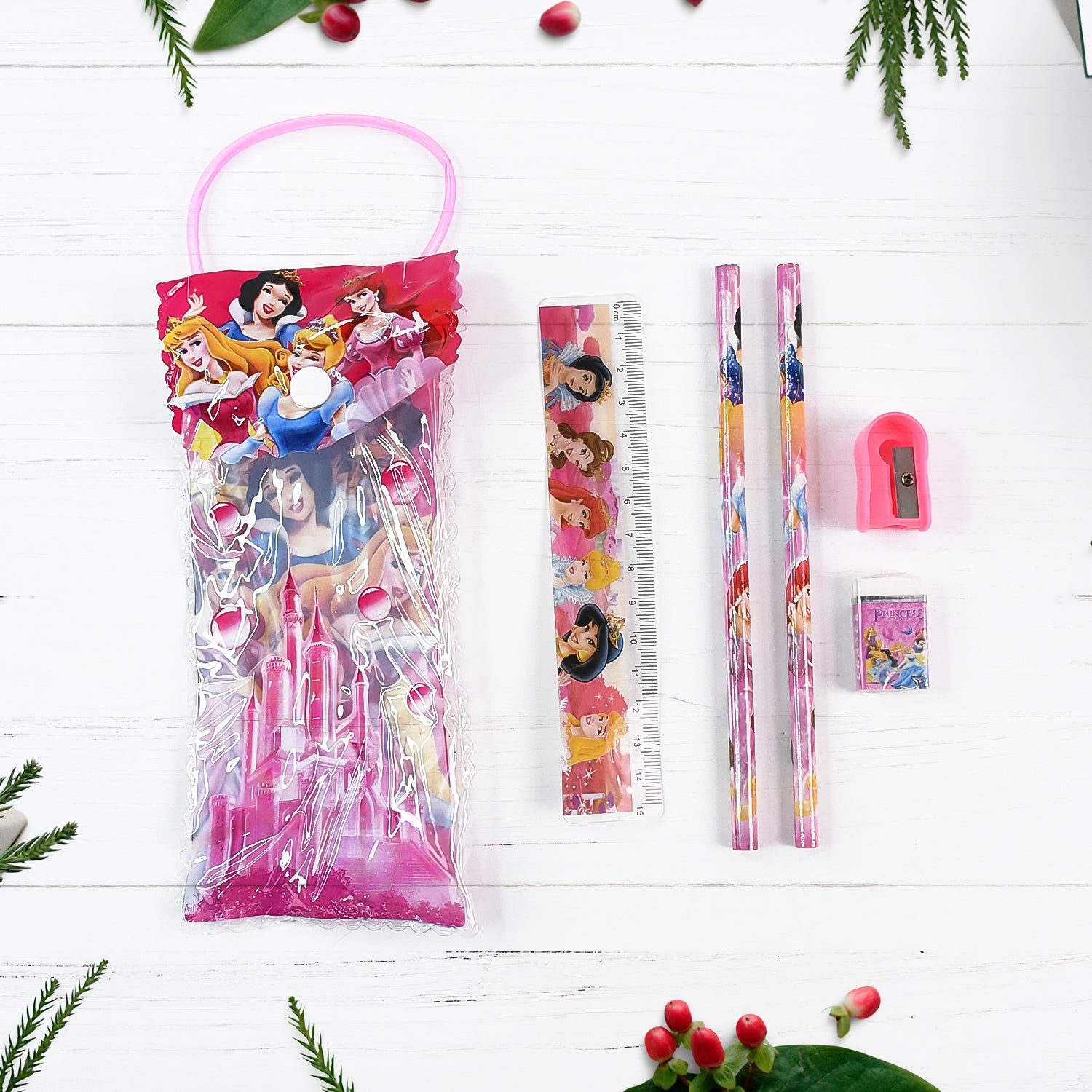 Wukusy 4643 Mix Design Cartoon Wooden Pencil Set with 5 colorful stationery items for kids' school supplies and educational use