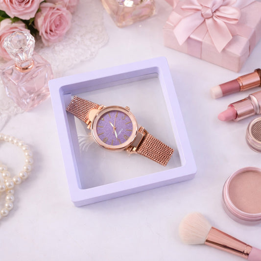 Elegant women's Wukusy analog wrist watch with display box, featuring a sleek design and classic timepiece style.