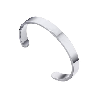 Minimalist silver-tone stainless steel open-ended kada bracelet with polished finish, designed by Wukusy for fashion wear.
