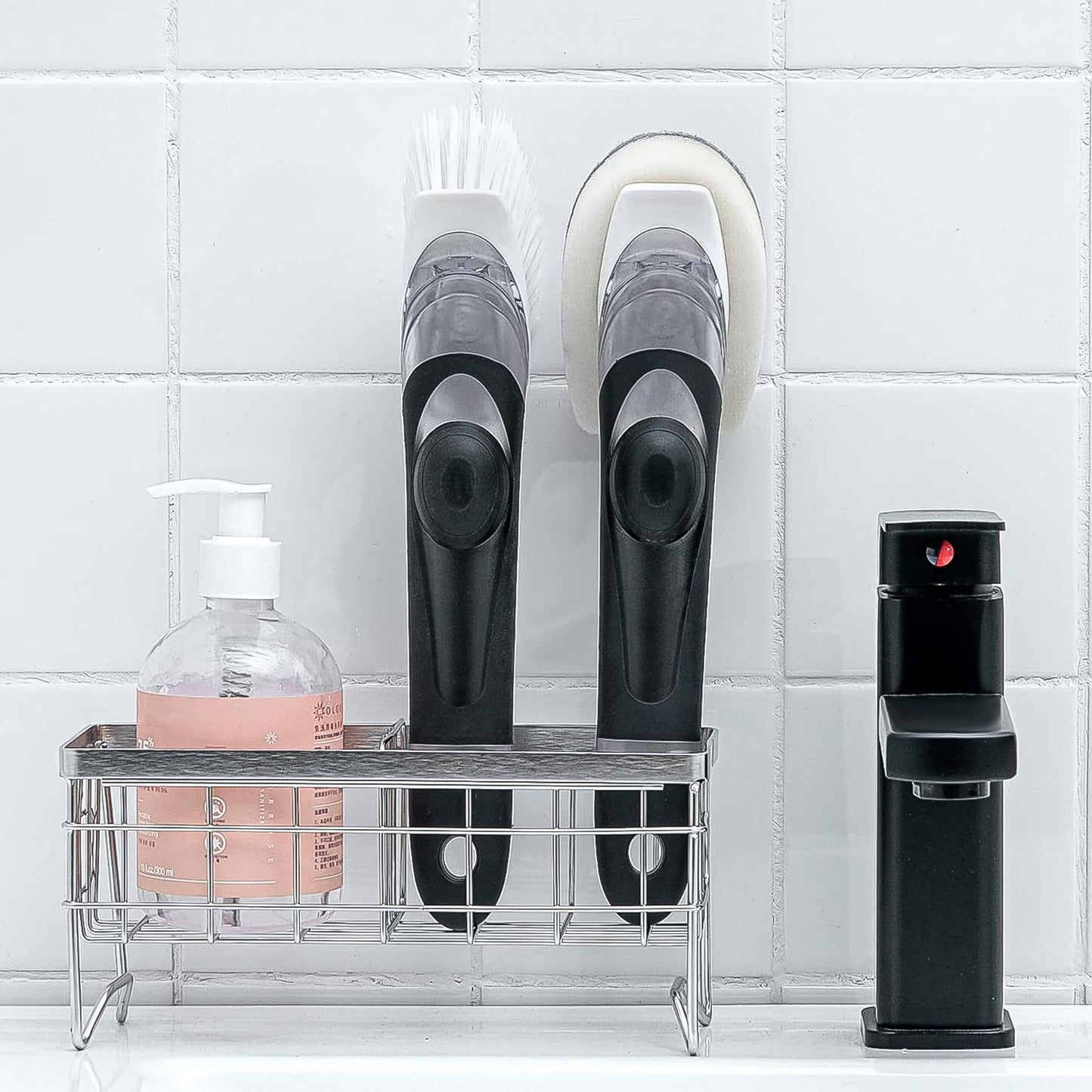 Wukusy dish scrubber with soap dispenser and dish brush set showing brush with soap dispenser attached and cleaning bristles