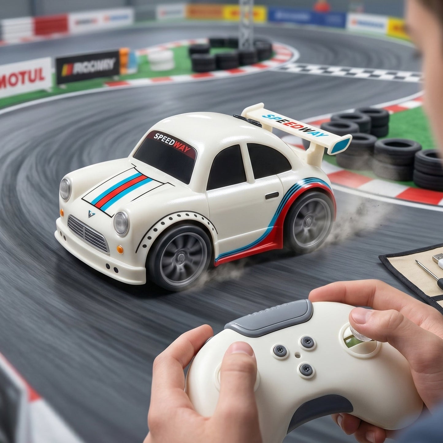 Wukusy mini RC racing car toy with remote control and rechargeable battery, suitable for kids, shown on a smooth surface.