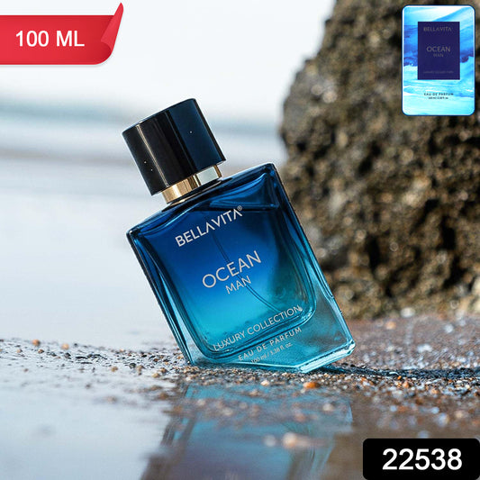 Bellavita Premium Ocean Man perfume bottle by Wukusy, 100ml, with sleek packaging and ocean-inspired design.