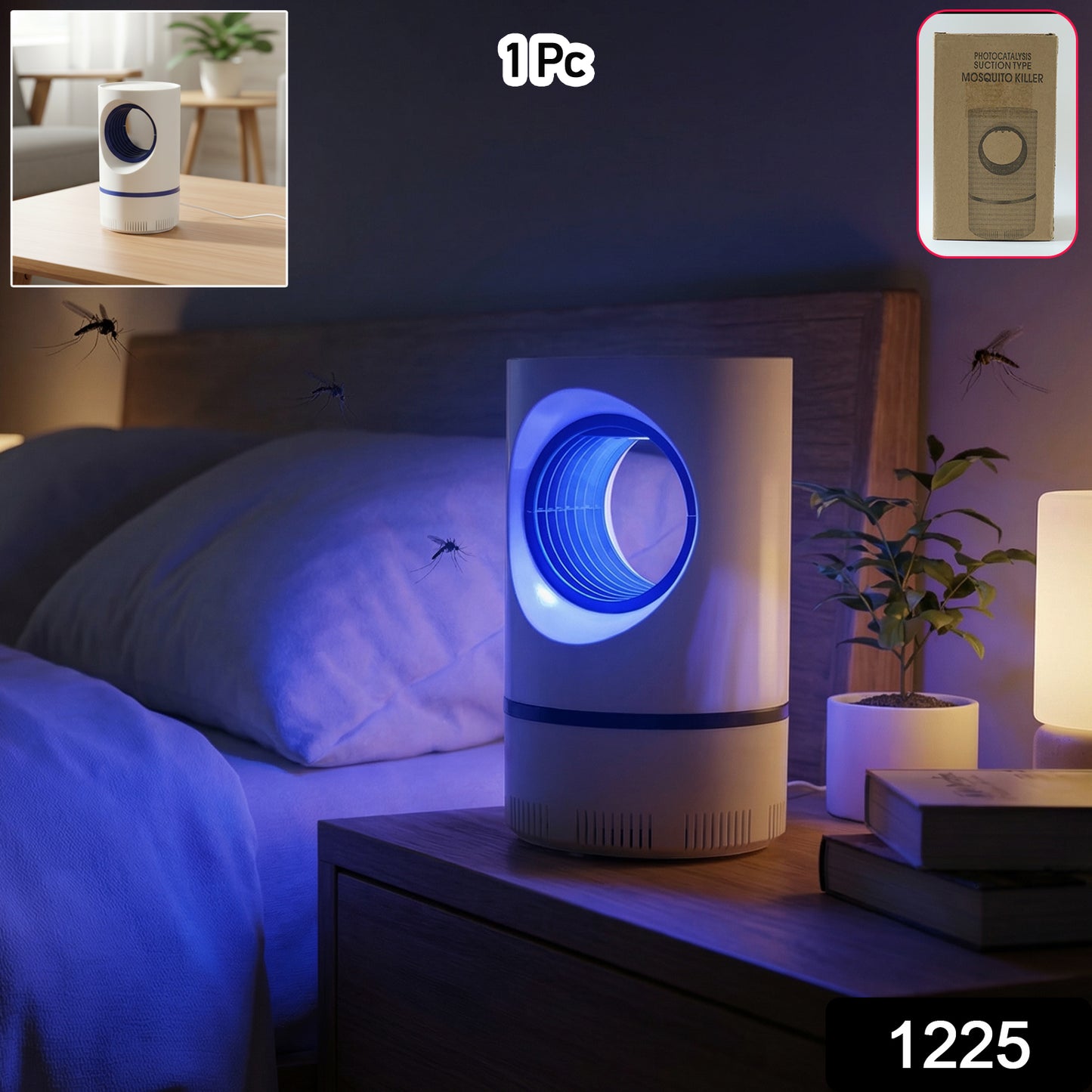 Wukusy photocatalysis electric mosquito killer lamp with suction type design, shown turned on with light emitted.