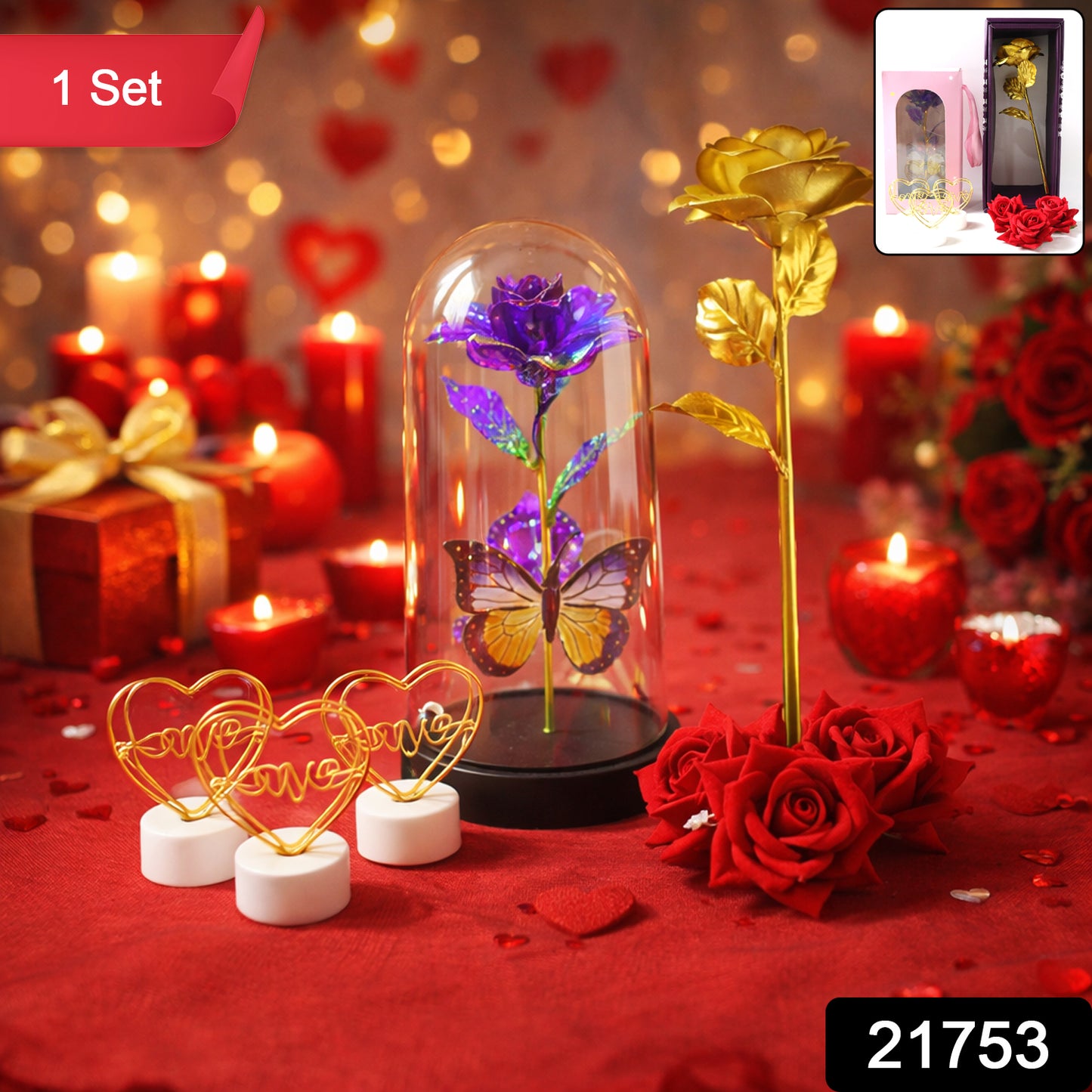 Wukusy romantic gift set with candles, chocolates, and love-themed accessories arranged on a decorative tray.