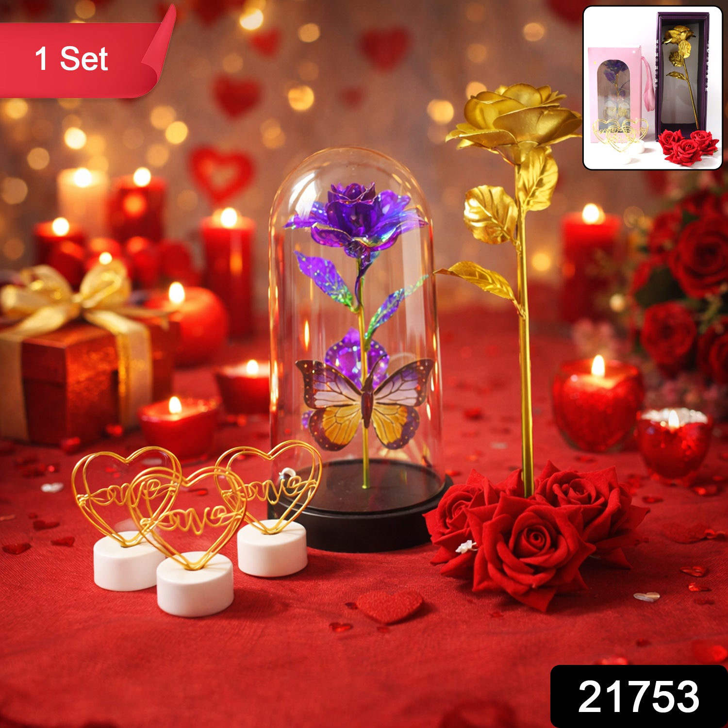 Wukusy romantic gift set with candles, chocolates, and love-themed accessories arranged on a decorative tray.