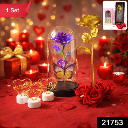 Wukusy romantic gift set with candles, chocolates, and love-themed accessories arranged on a decorative tray.