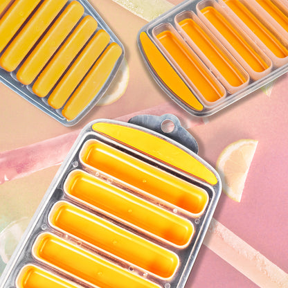 Wukusy 7166 water bottle long stick ice cube trays with colorful silicone bottom, easy push pop-out narrow ice stick molds.