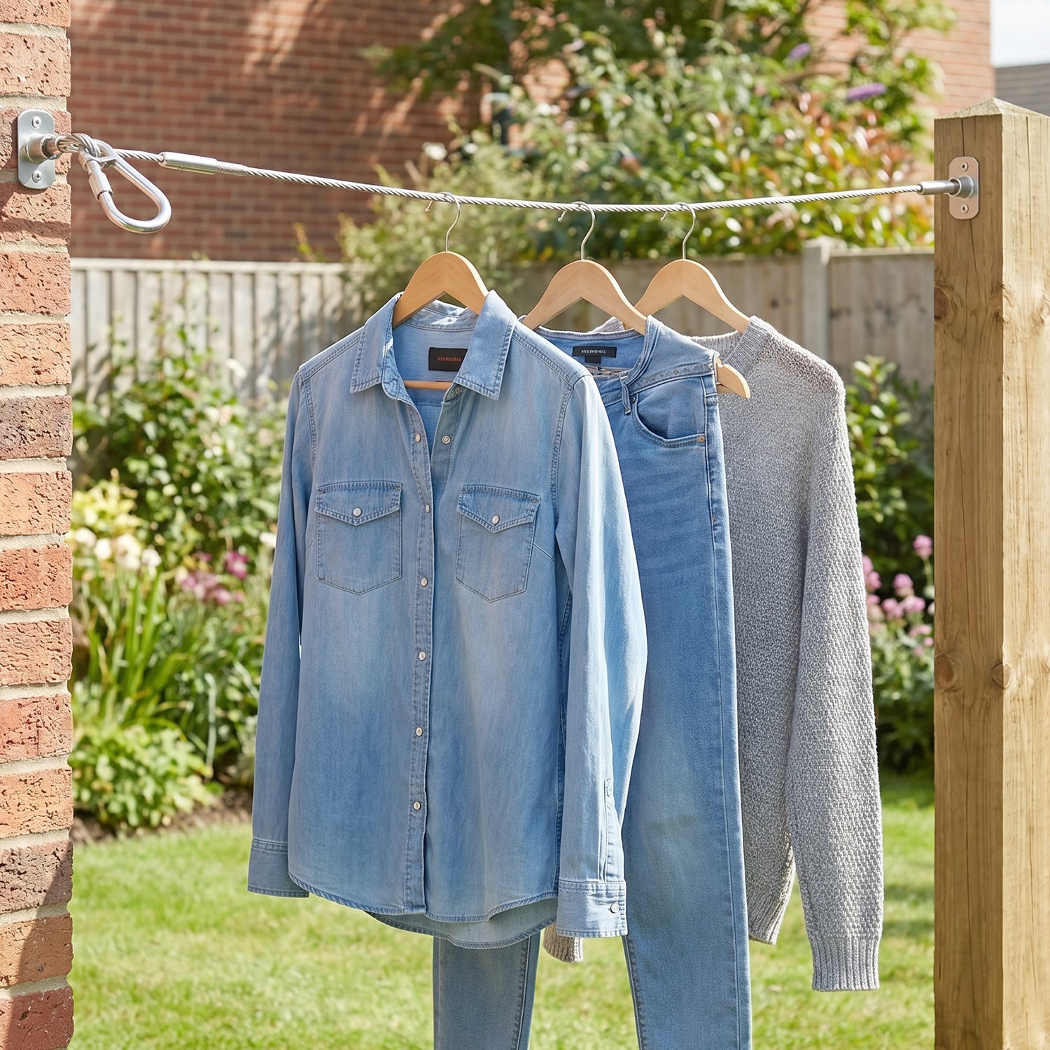 Heavy duty steel wire rope clothesline with carabiner hooks, 5 meters long, suitable for outdoor drying and sturdy hanging needs.