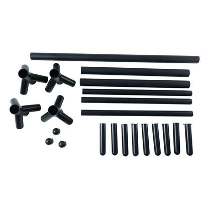 Wukusy floor standing metal coat rack with multiple hooks for coats, hats, and bags, standing on a wooden floor.