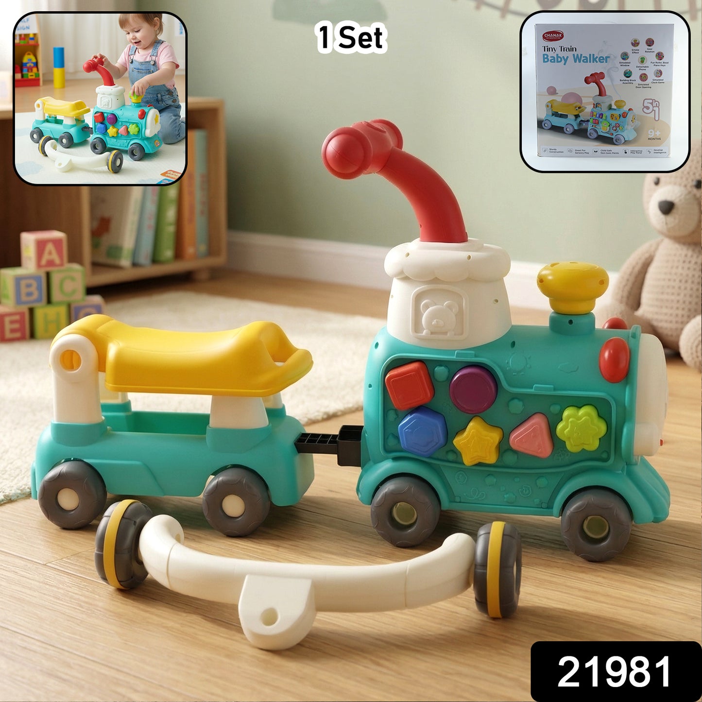 Wukusy Aditi Tiny Train baby walker ride-on toy with push handle, colorful plastic train for early walking and play.