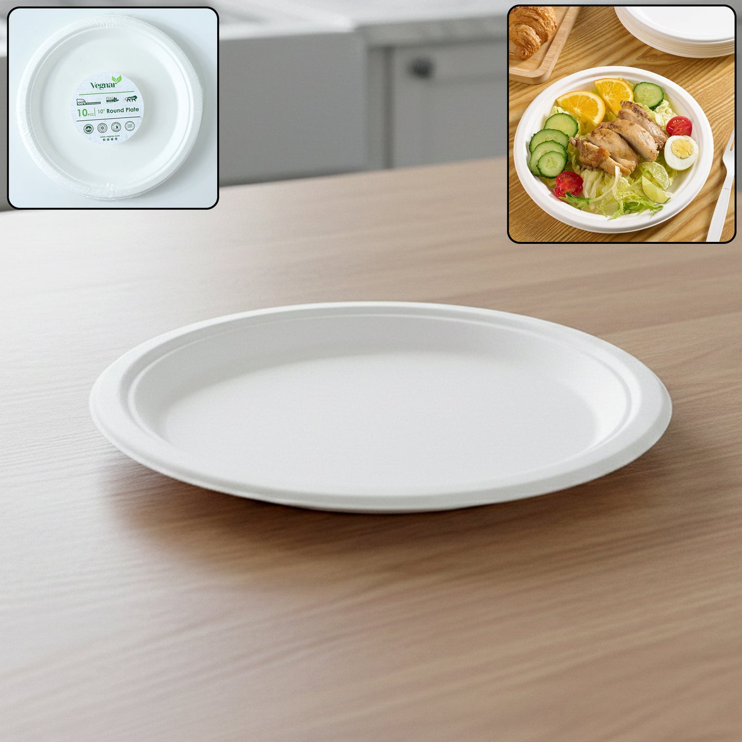 Set of 10 Vegnar disposable round food serving plates by Wukusy, suitable for parties and gatherings, made of eco-friendly material.
