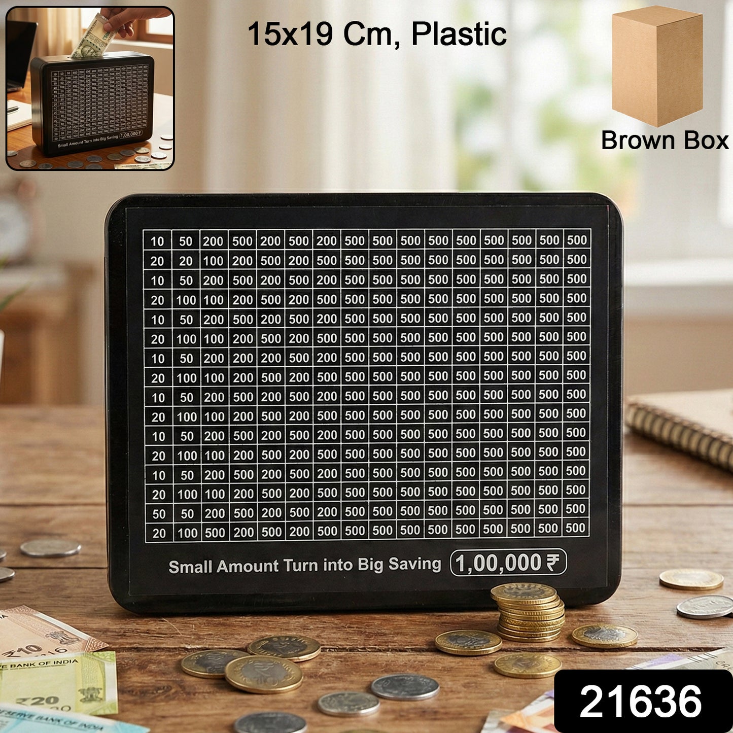 Reusable savings tracker money box by Wukusy, featuring a transparent design with a slot for saving coins and bills.