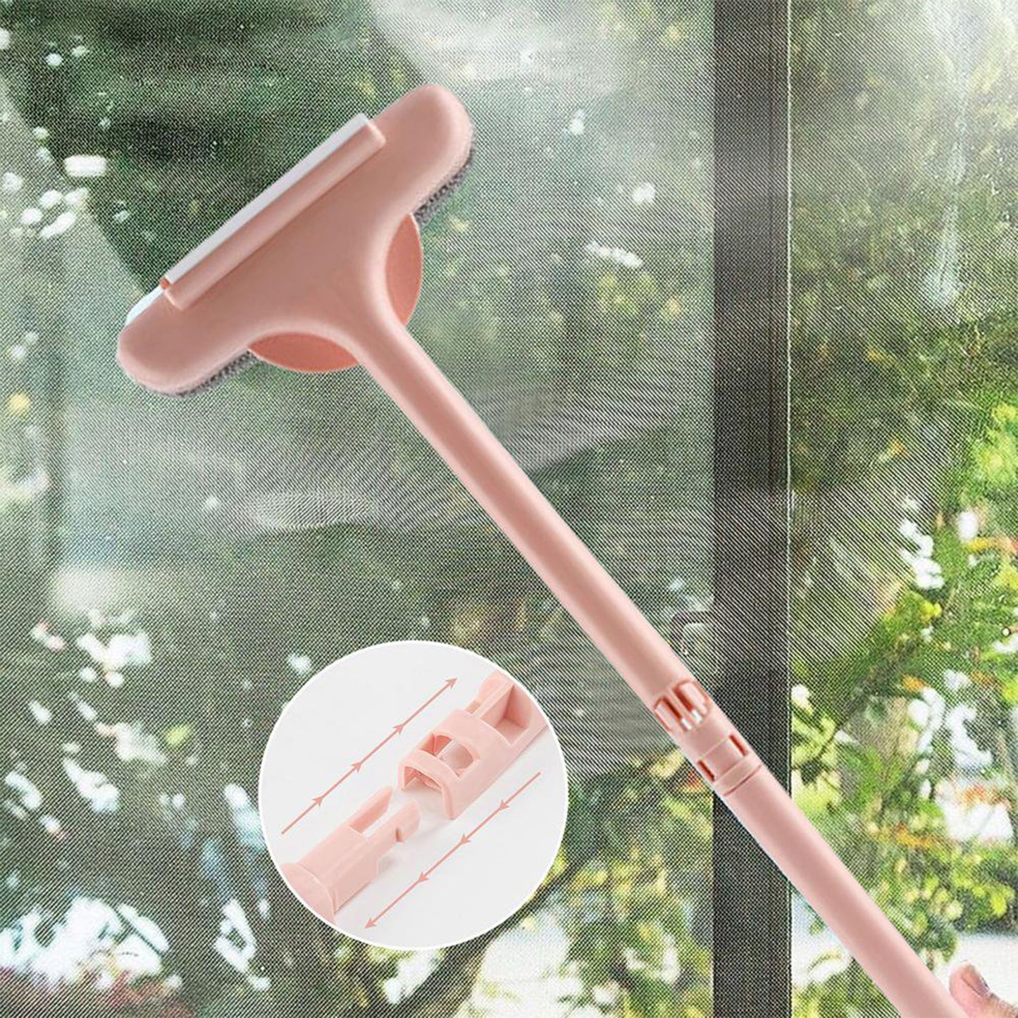 Wukusy 4943 window cleaning brush with multifunctional glass cleaning tools and 2-in-1 washing kit, shown in use on a window.