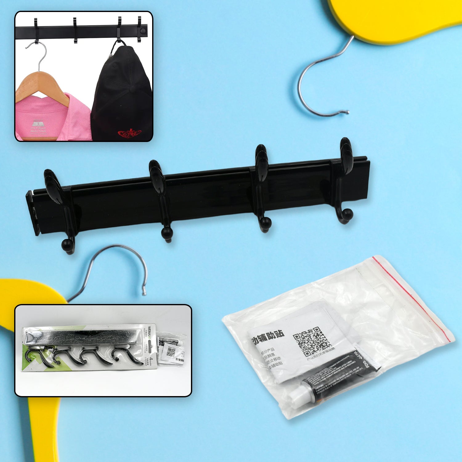 Wukusy 7570 cloth hanger wall door hooks rail with six hooks for hanging clothes, jackets, hats, mounted with eco-friendly adhesive.