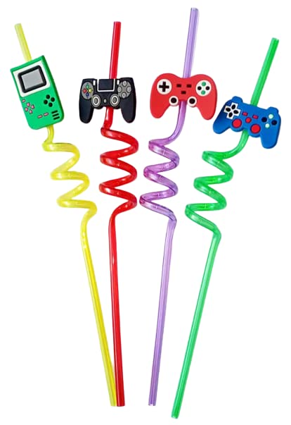 Set of four Wukusy reusable plastic straws with colorful cartoon decorations, ideal for kids' summer parties and birthday celebrations.