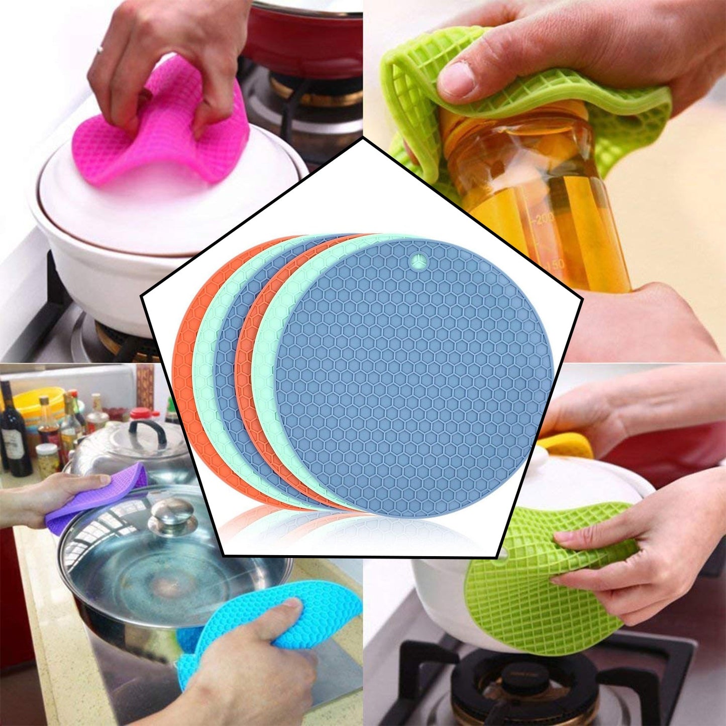 Wukusy silicone hot mat for breakfast, lunch, and dinner, used to protect surfaces from hot dishes and cookware.