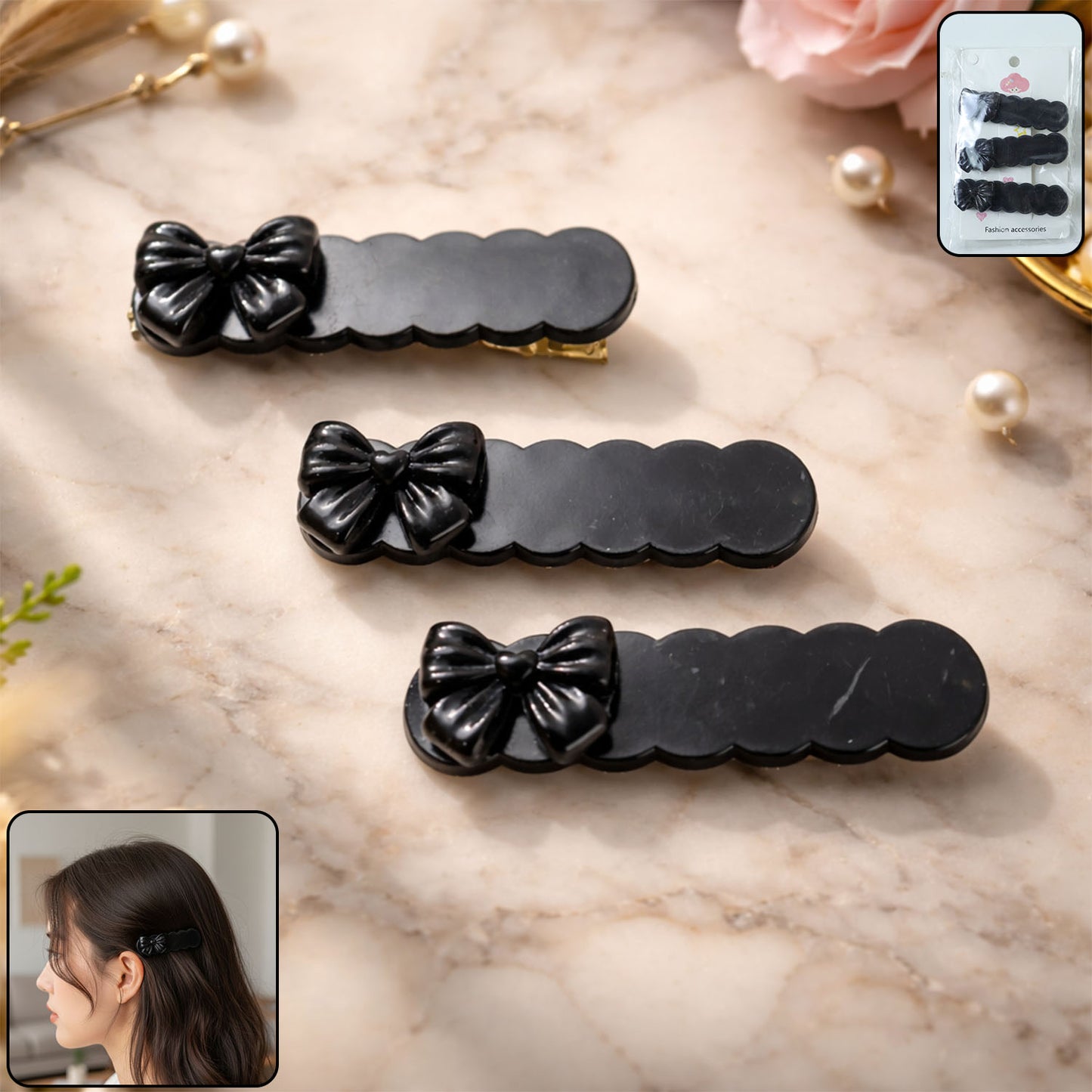 Set of three elegant black bow decorative hair clips by Wukusy, perfect for stylish hair accessories.