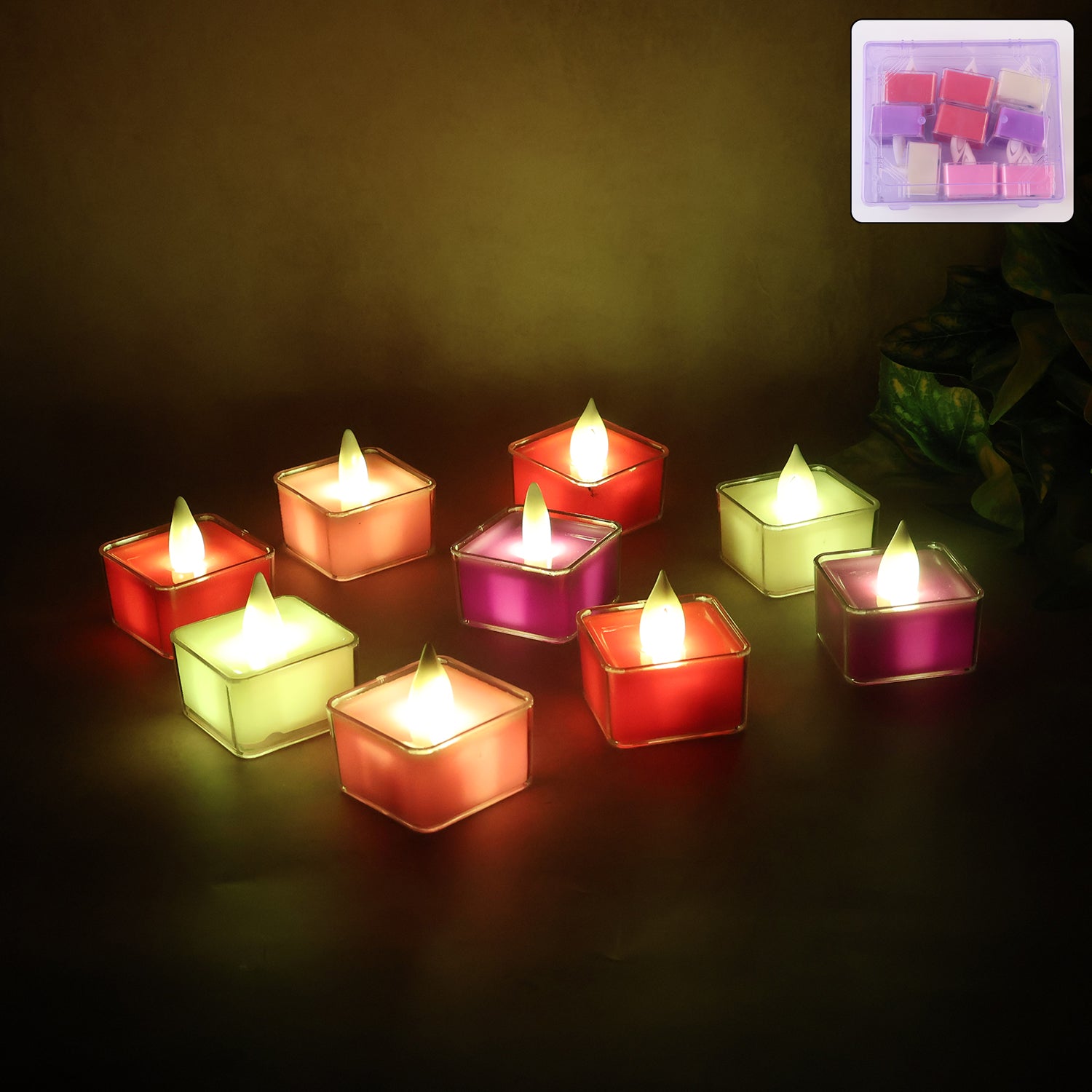 Set of nine Wukusy LED flameless tealight candles for home decor, showcasing warm, flickering light in a decorative arrangement.