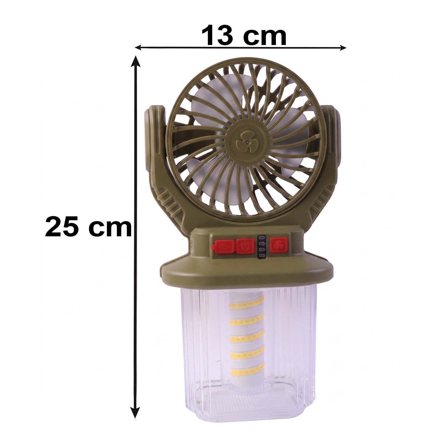 Portable Wukusy 2-in-1 solar rechargeable camping fan with LED lantern, compact design, ideal for outdoor camping and travel.