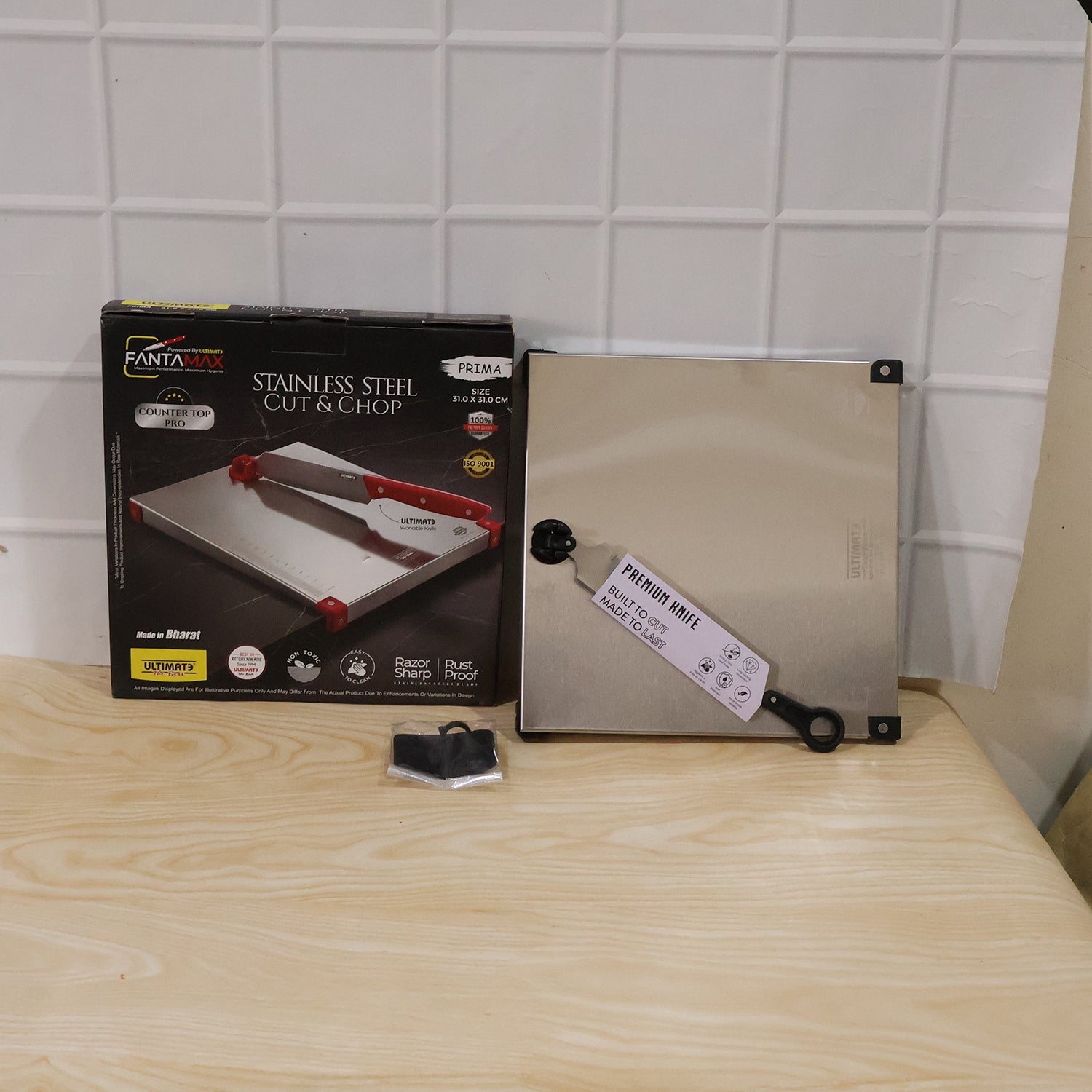Wukusy stainless steel 2-in-1 cutting and chopping board with knife, kitchen prep surface, and durable design for food preparation.