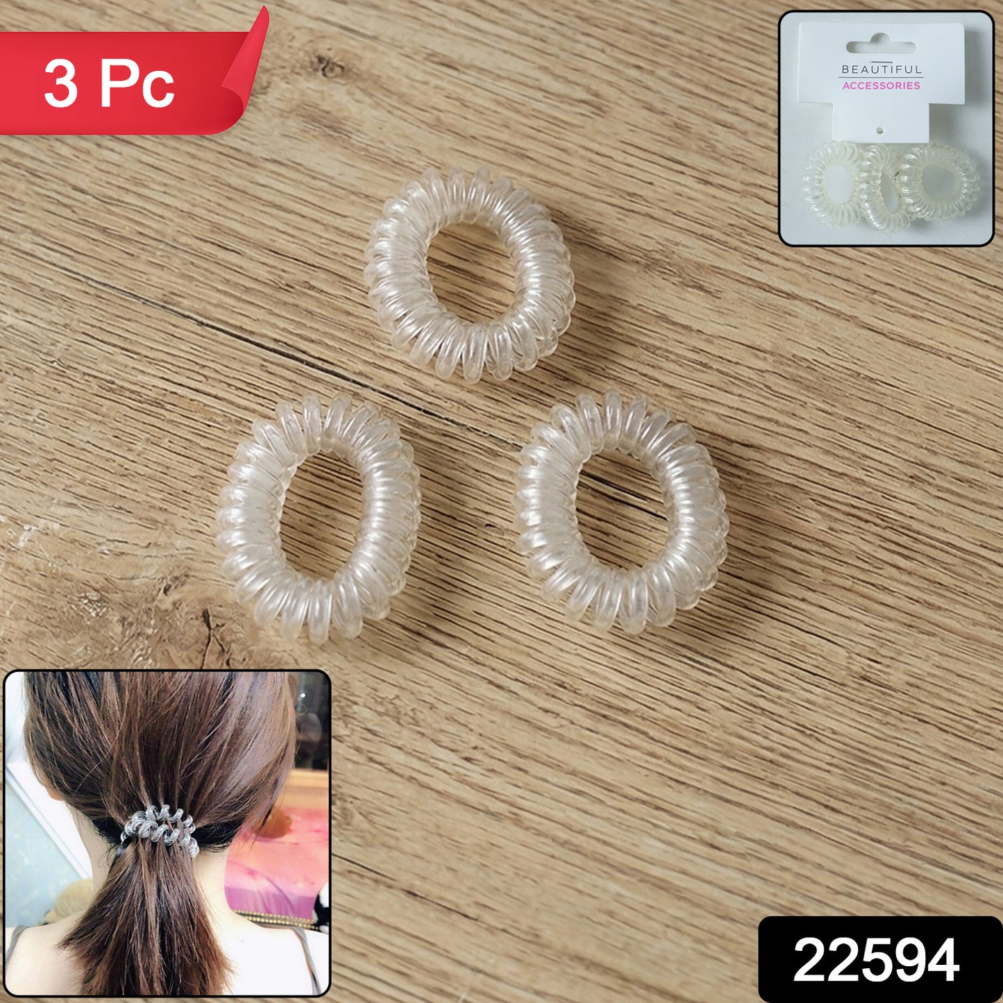 Set of three transparent spiral coil hair bands with matching cases by Wukusy, ideal for secure and stylish hair styling.