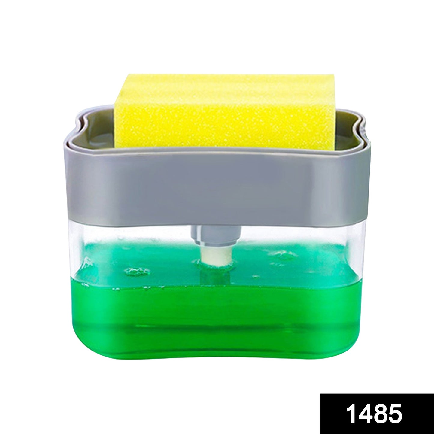 Wukusy 1485 liquid soap dispenser with sponge holder on countertop, suited for home and kitchen cleaning with pet-friendly design