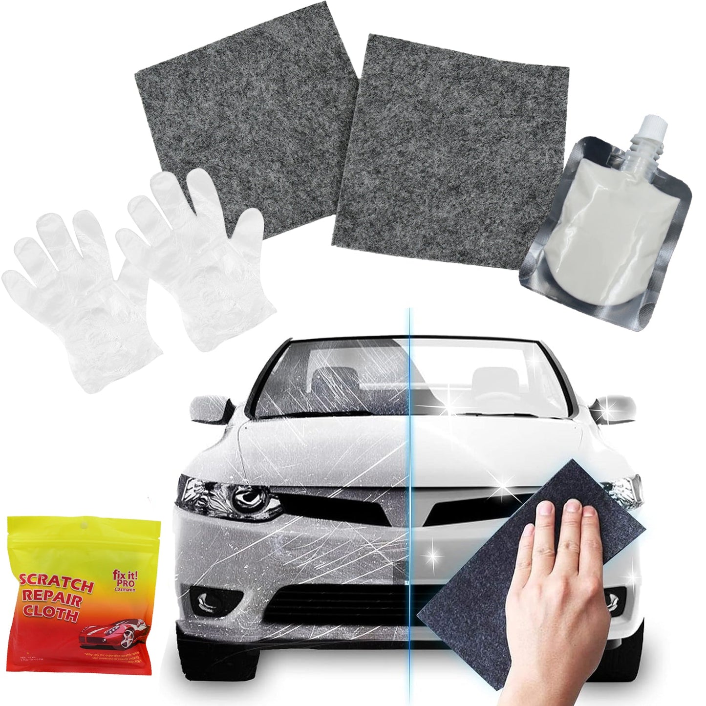 Wukusy Nano Magic Car Scratch Remover Cloth set with repair solution, gloves, and polishing cloth for car paint scratch repair.