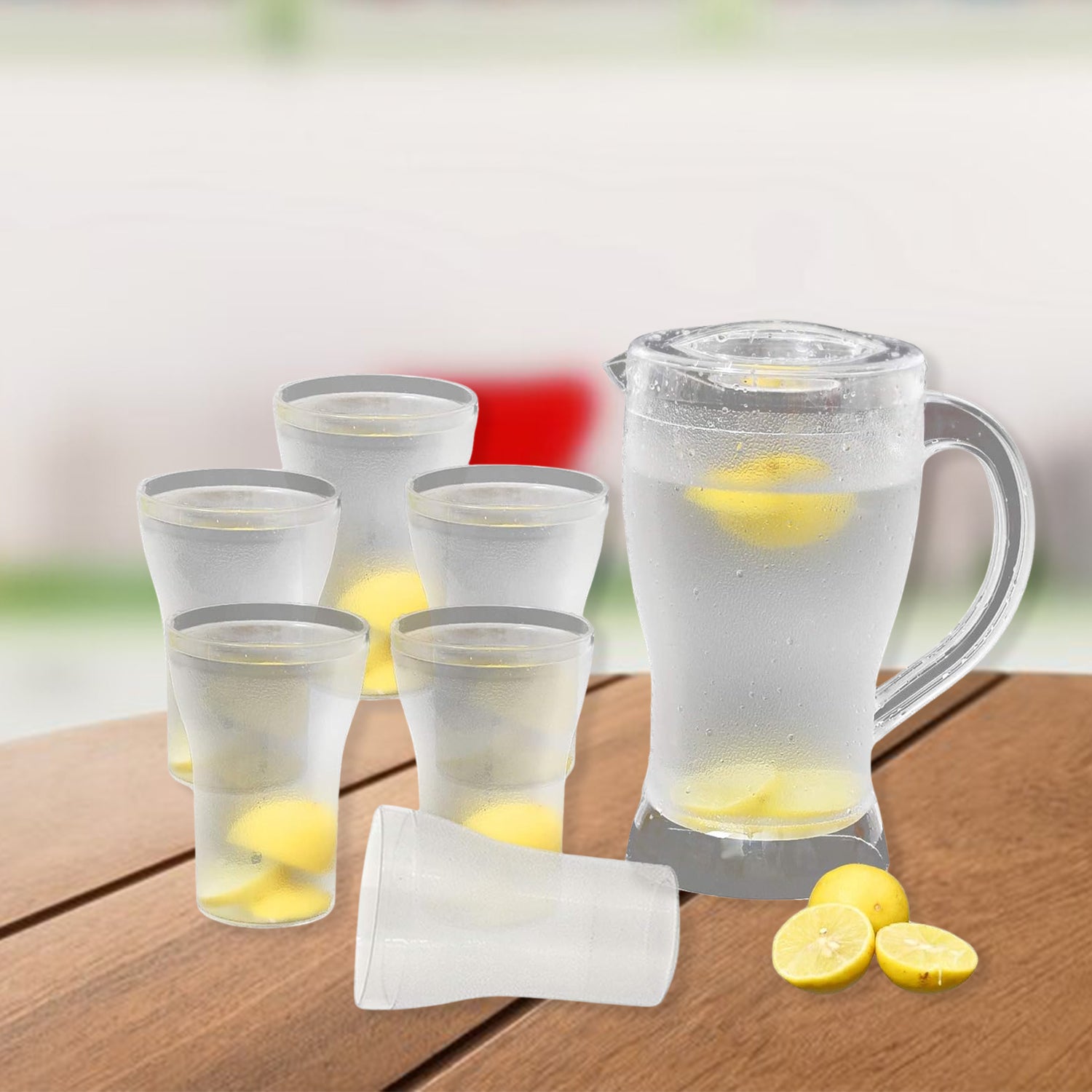 Wukusy Apex unbreakable lemon jug set with 6 glasses, 1200ml jug and 300ml glasses, durable kitchen drinkware, home use