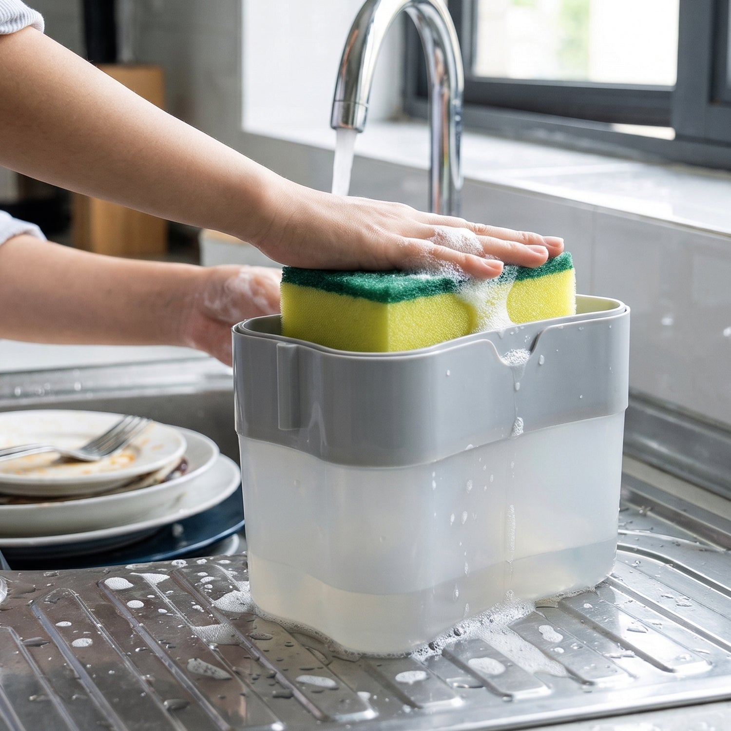 Soap Dispensing Sponge Holder Press Pump Caddy For Kitchen Sink (1 Set)
