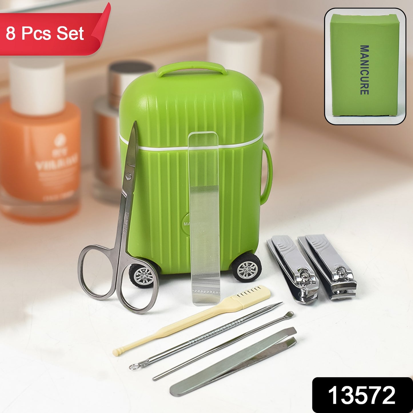 Wukusy 8-piece manicure and pedicure kit with nail clippers, tools for feet, in a mini four-wheel trolley case on a white background.
