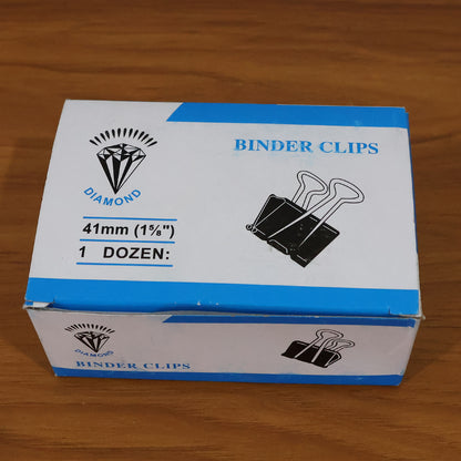 Set of 12 extra large heavy-duty black binder clips, 41 mm size, by Wukusy, arranged on a white surface for office organization.