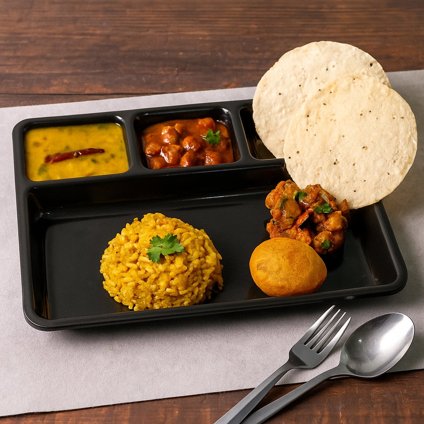 Plastic 4-compartment Wukusy rectangular meal serving tray with sectioned design for organized dining, single-piece plate.