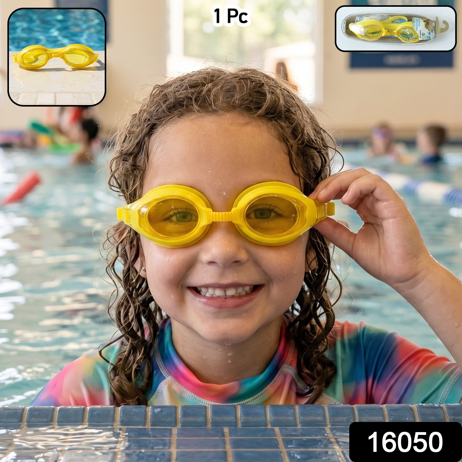 Kids colorful swimming goggles with anti-leak seal and adjustable strap, featuring vibrant colors and clear eye coverage.